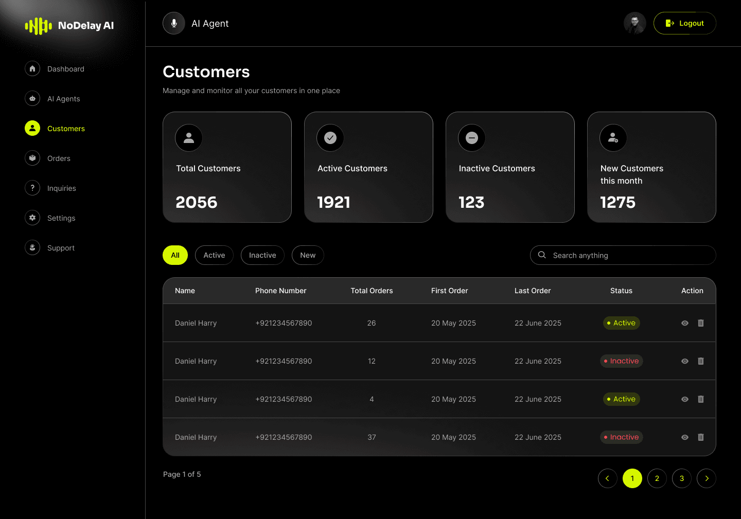 NoDelay AI dashboard — EcomFalcon confirming ecommerce orders
